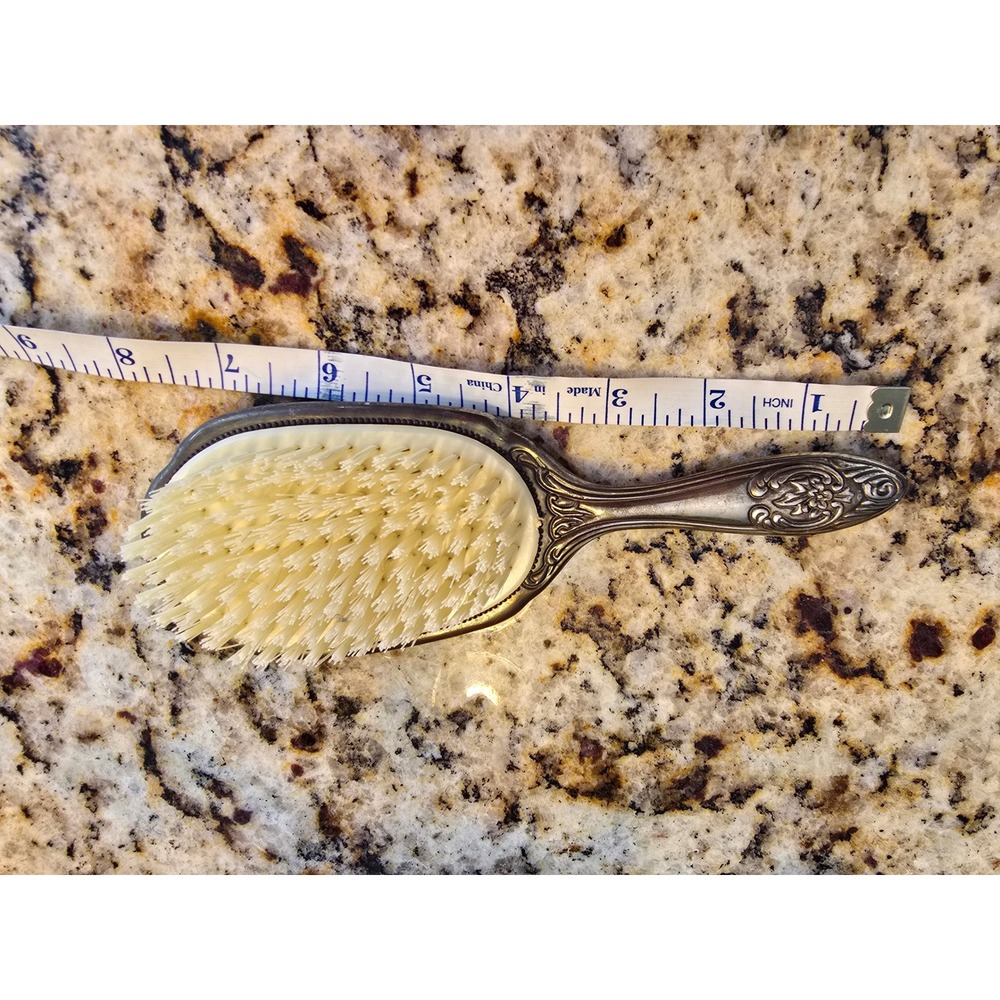Vintage Silver Tone Ornate Floral Hair Brush Victorian Style Vanity Decor 8.25in